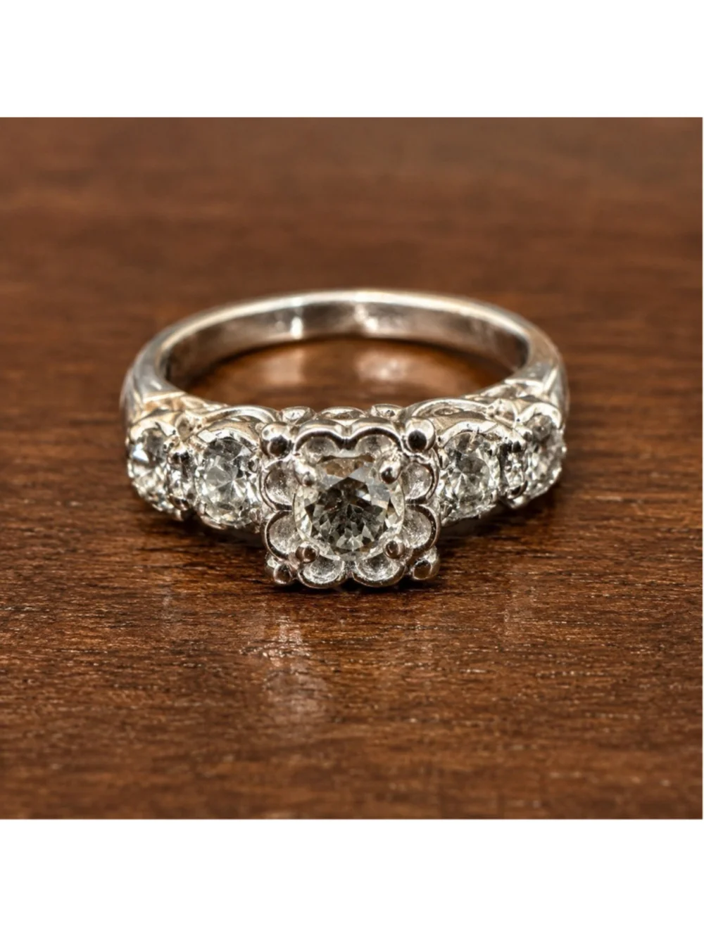 Art Deco 14K White Gold Natural 5 Diamond Cluster Ring Art Deco Flower Size 5-6